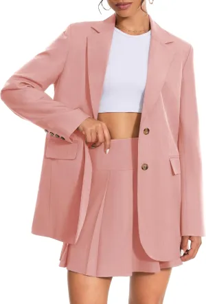 Women's 2 Piece Skirt Sets Business Casual Blazer Suit Mini Pleated Skorts Button Jackets Matching Outfits