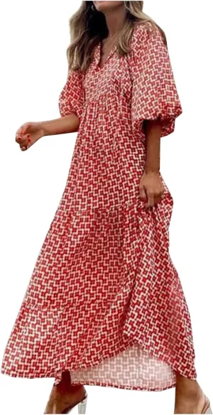 Women's Casual Dresses Loose Striped Floral Printed 2024 Swing Short Sleeve Round Maxi Dresses, S-3XL