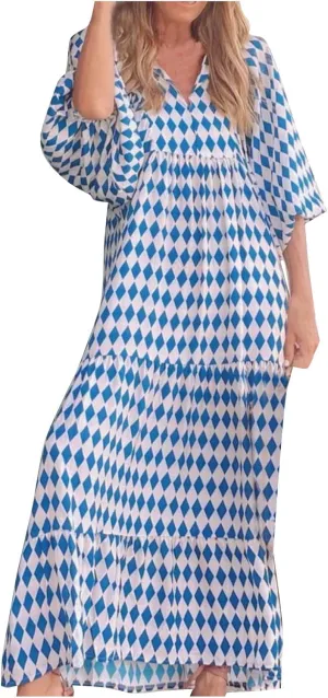 Women's Casual Dresses Loose Striped Floral Printed 2024 Swing Short Sleeve Round Maxi Dresses, S-3XL