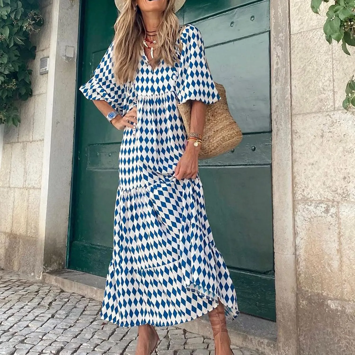 Women's Casual Dresses Loose Striped Floral Printed 2024 Swing Short Sleeve Round Maxi Dresses, S-3XL