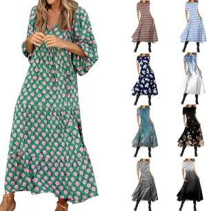 Women's Casual Dresses Loose Striped Floral Printed 2024 Swing Short Sleeve Round Maxi Dresses, S-3XL