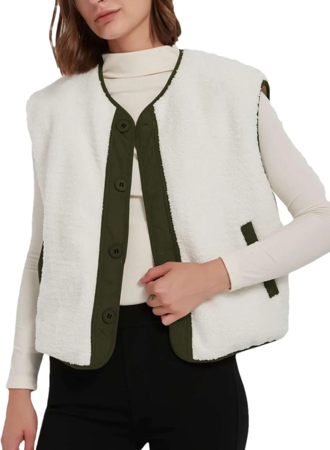 Women's Fall Quilted Puffer Vest Sleeveless Winter Reversible Sherpa Fleece Jacket Outwear with Pockets