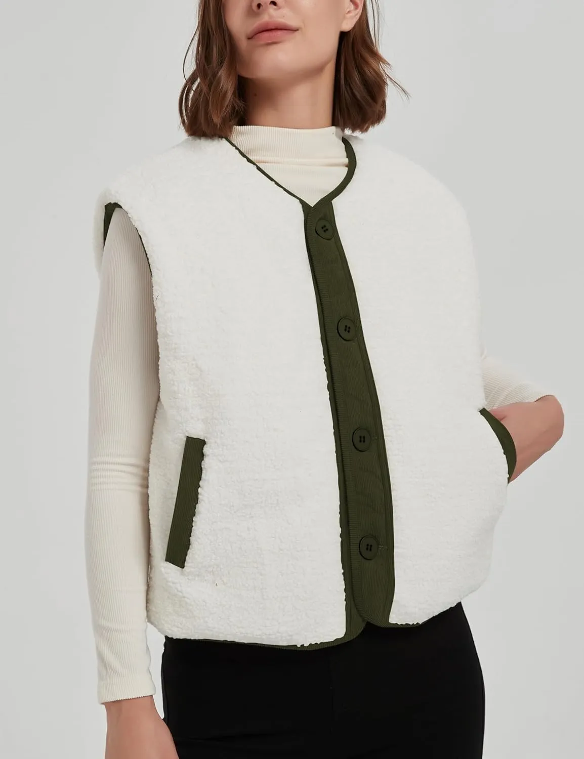 Women's Fall Quilted Puffer Vest Sleeveless Winter Reversible Sherpa Fleece Jacket Outwear with Pockets