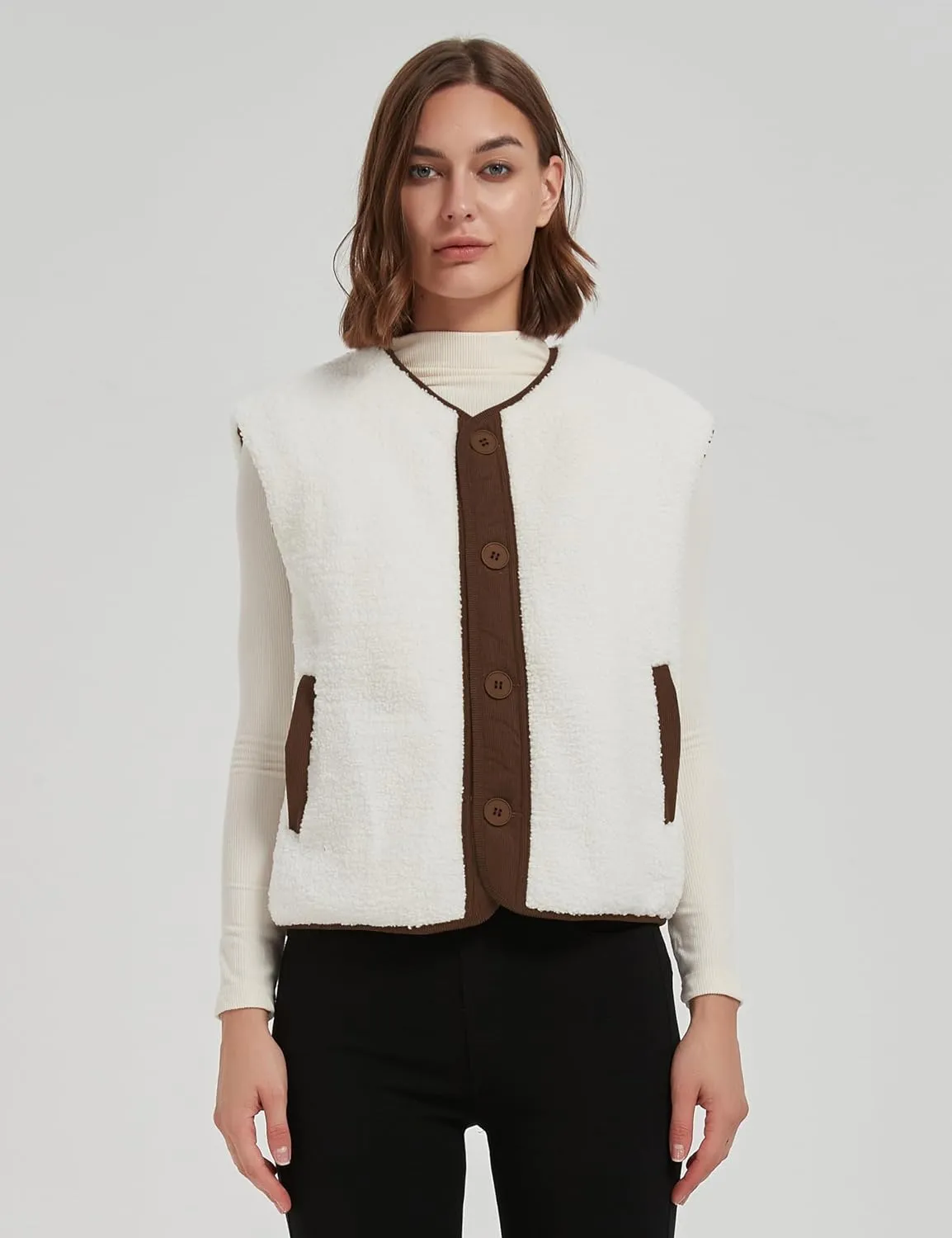 Women's Fall Quilted Puffer Vest Sleeveless Winter Reversible Sherpa Fleece Jacket Outwear with Pockets