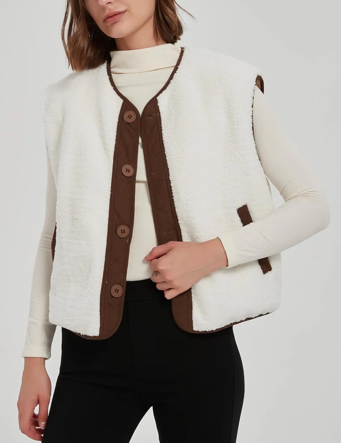 Women's Fall Quilted Puffer Vest Sleeveless Winter Reversible Sherpa Fleece Jacket Outwear with Pockets