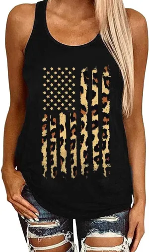 Womens Leopard American Flag Star Tank Tops Cute July 4th Independence Day Sunflower Graphic Tees T-Shirts