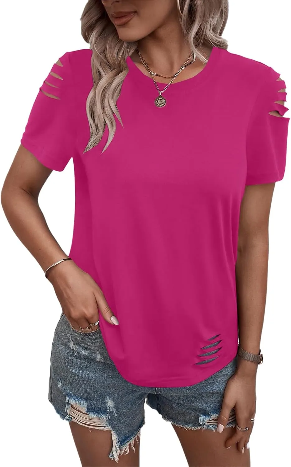 Women's Short Sleeve T Shirts Crew Neck Ripped Cut Out Summer Casual Basic Tees Tops