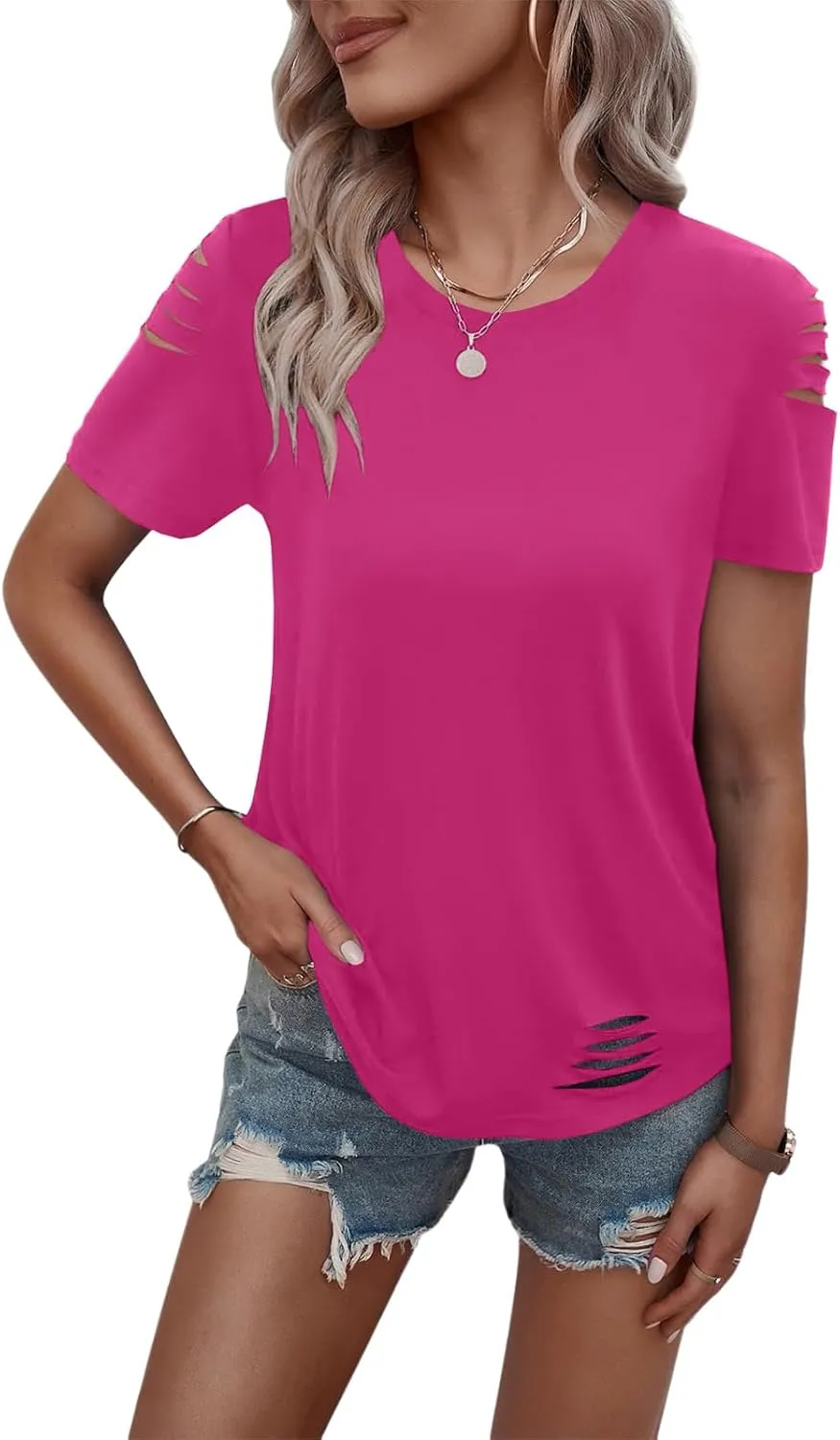 Women's Short Sleeve T Shirts Crew Neck Ripped Cut Out Summer Casual Basic Tees Tops