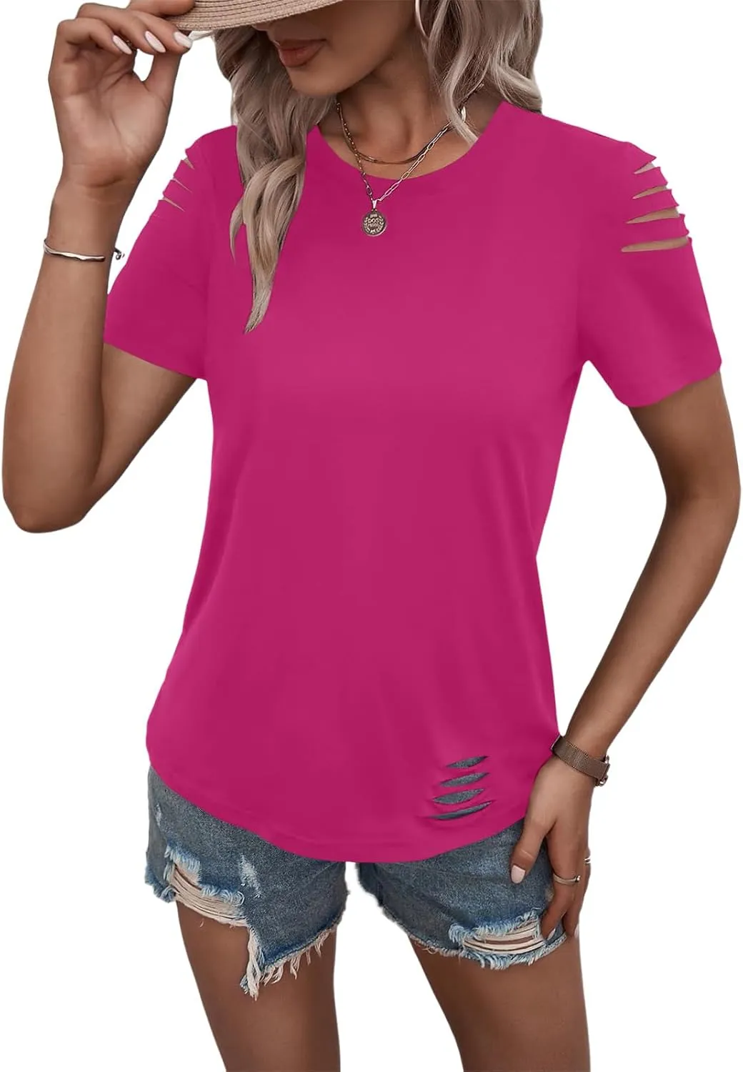Women's Short Sleeve T Shirts Crew Neck Ripped Cut Out Summer Casual Basic Tees Tops