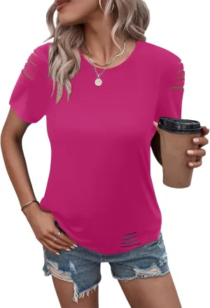 Women's Short Sleeve T Shirts Crew Neck Ripped Cut Out Summer Casual Basic Tees Tops