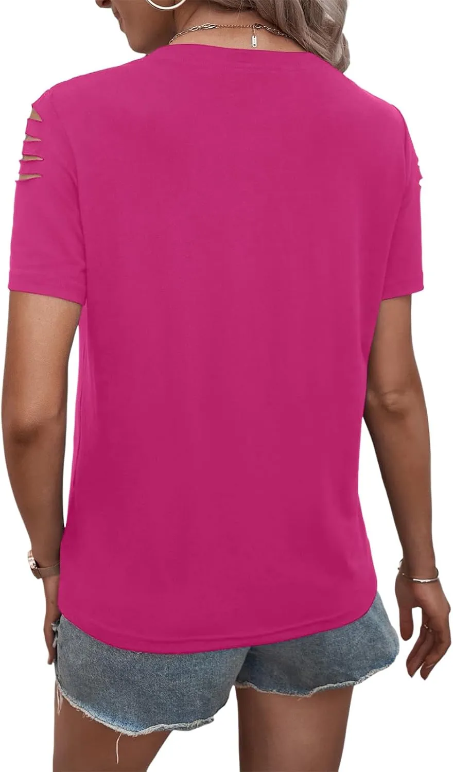 Women's Short Sleeve T Shirts Crew Neck Ripped Cut Out Summer Casual Basic Tees Tops