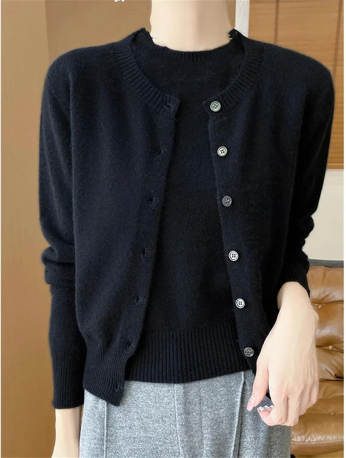 Women's Wool Cardigans Short Sleeve O-Neck Pullovers Cashmere Sweater Twinset Wool Knitwear Chic Tops
