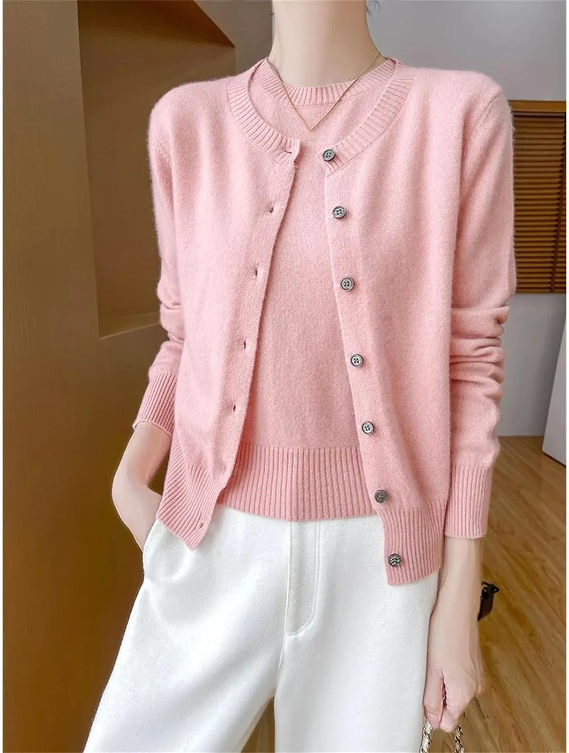 Women's Wool Cardigans Short Sleeve O-Neck Pullovers Cashmere Sweater Twinset Wool Knitwear Chic Tops
