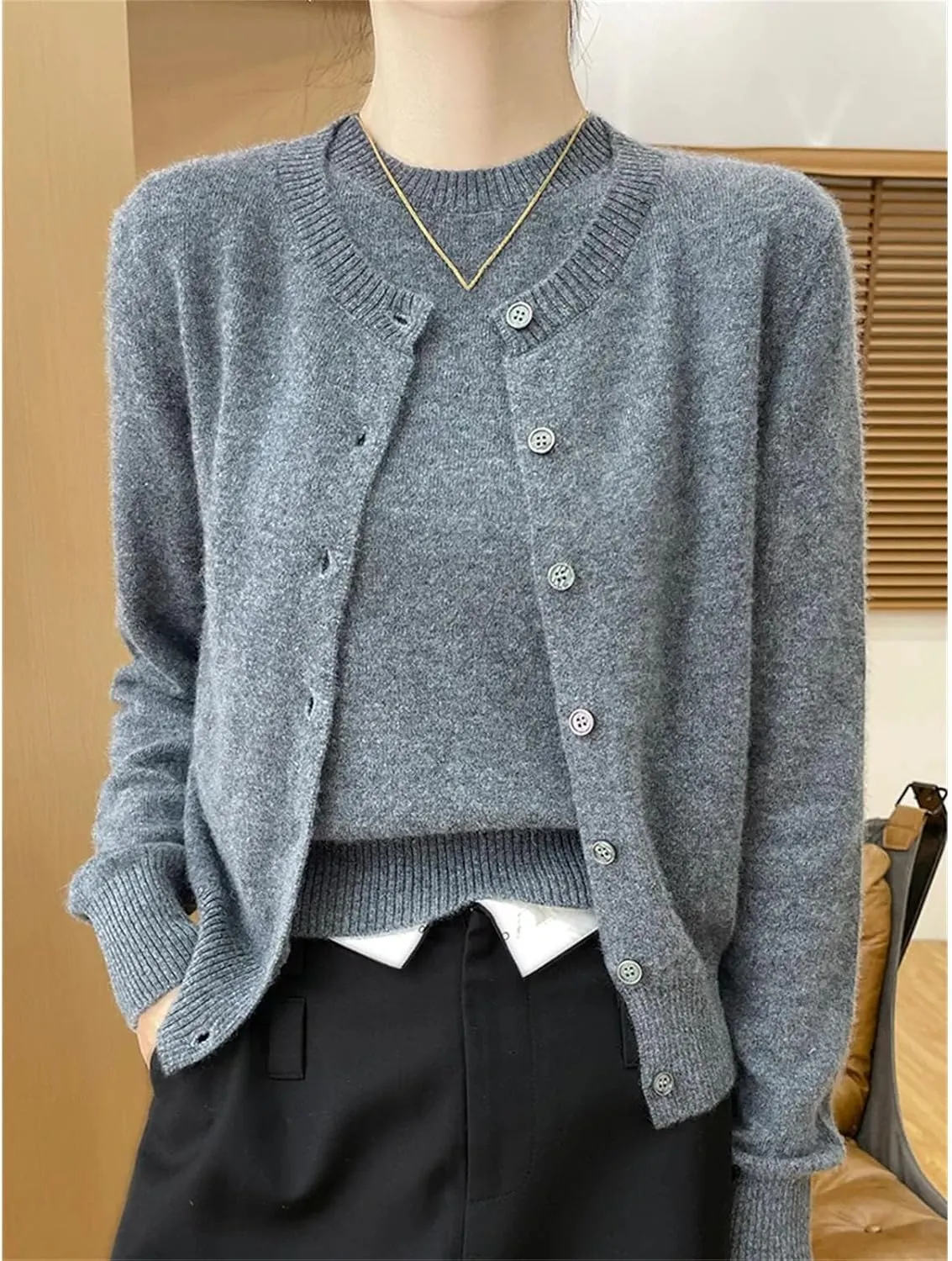 Women's Wool Cardigans Short Sleeve O-Neck Pullovers Cashmere Sweater Twinset Wool Knitwear Chic Tops
